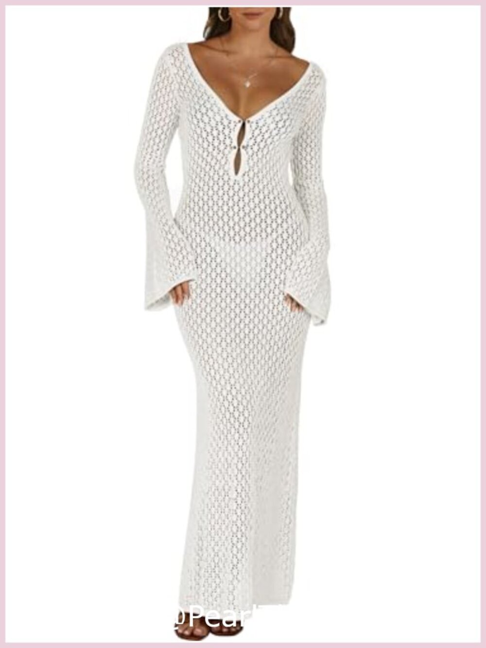 Women Crochet Swimsuit Coverup V Neck Knit Beach Maxi Dress